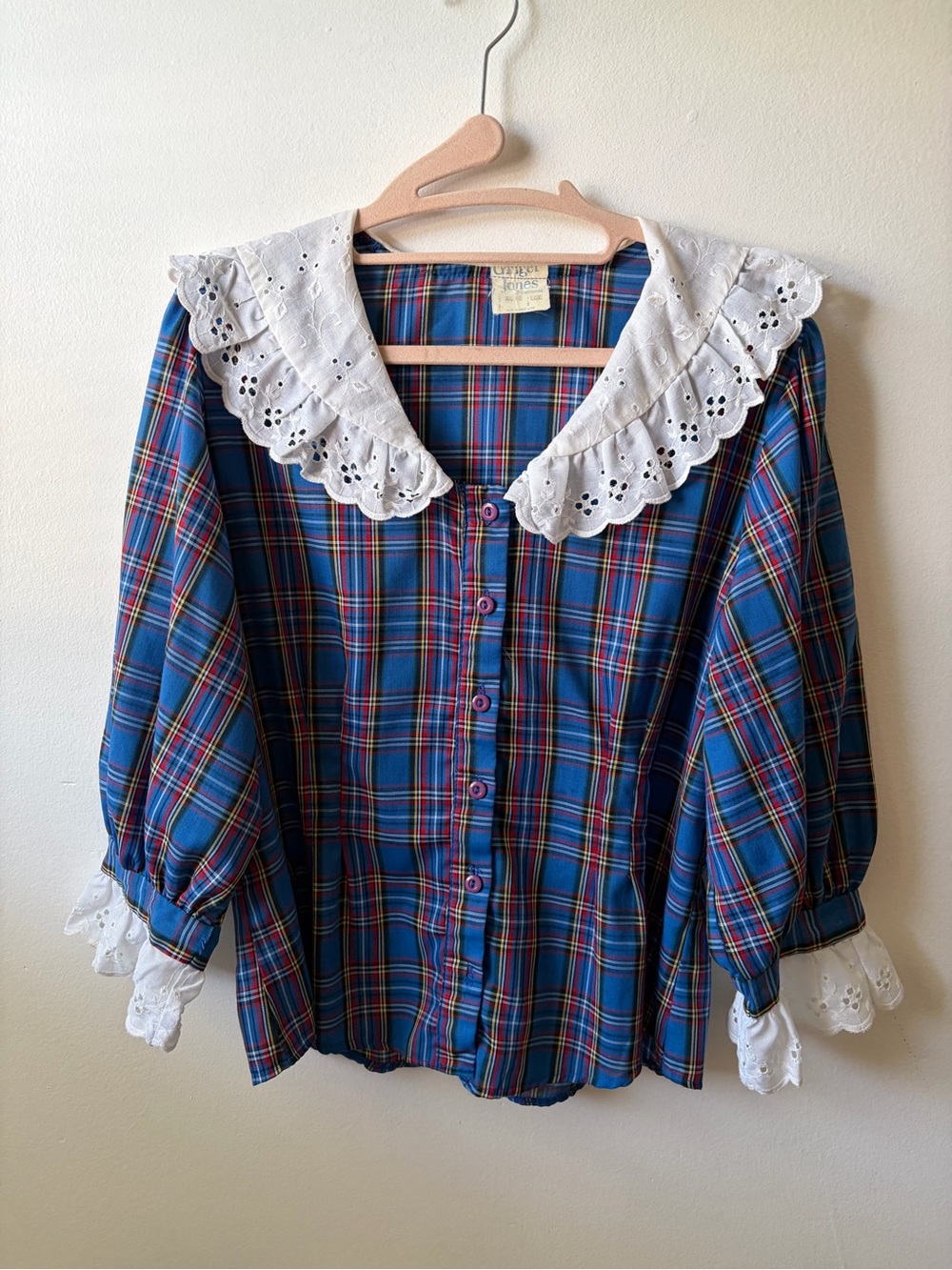 Vintage 80s Plaid Eyelet Lace Collar Blouse Coquette Cottagecore Large